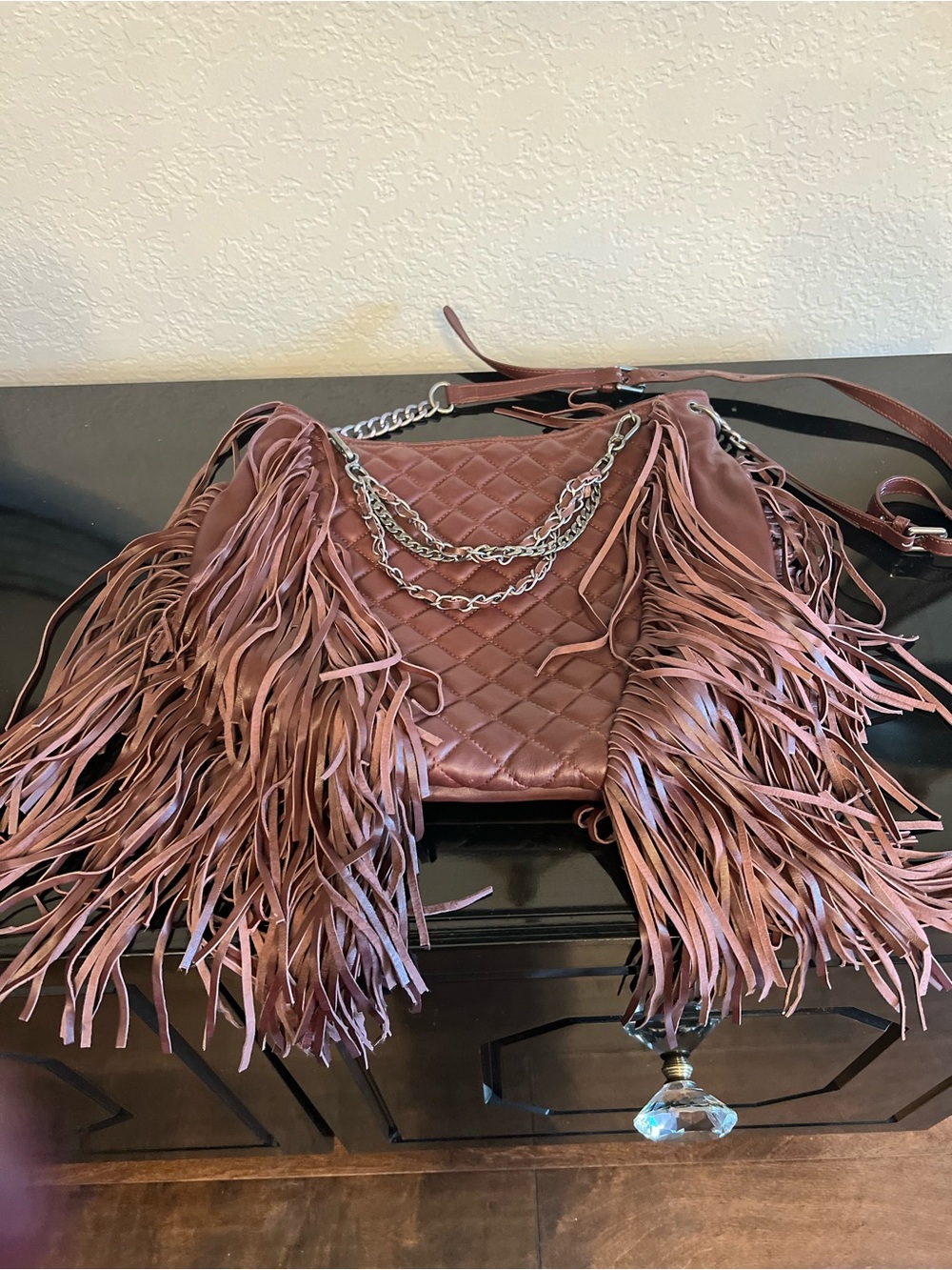 Ash Quilted Fringe Shoulder Bag - Mauve Brown